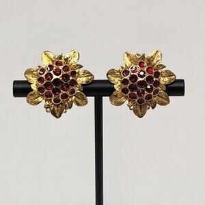 Red Crystal Gold Tone Flower Clip On Earrings Vintage Jewelry 3D Floral Textured